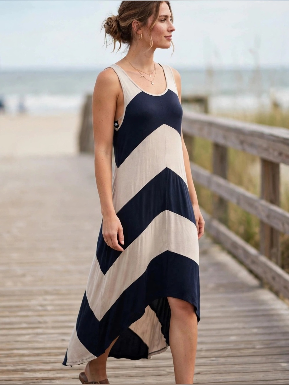 Bobeau Navy & Beige Chevron Maxi Dress Size L - Sleeveless Racerback Rayon